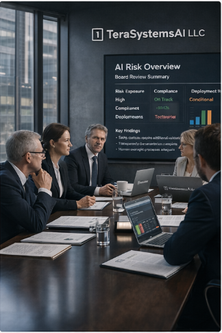 Executive and audit team reviewing AI risk summary before deployment approval